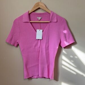 Skies Are Blue Ribbed Collared Short-Sleeve Top - Bright Pink